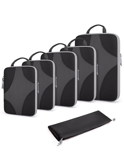 BAGSMART Compression Packing Cubes for Travel, 6 Set/14 Set Compressible Luggage Organizer for Cruise Ship, Lightweight Travel Essentials (1L+2M+2S+Shoe bag+Drawstring bag+Toiletry bag+6Plastic bags) - color: Black, size: 6 Set