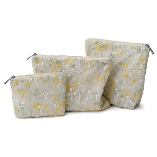 Small Cosmetic Bag Set of 3 for Purse, Beige Floral Cotton Makeup Pouch Set, 3 Sizes Zipper Organizer for Travel & Toiletries, Gift for Her Birthday, Bridesmaid & Best Friend - color: BeigeFlowersEmbroidered/Cotton
