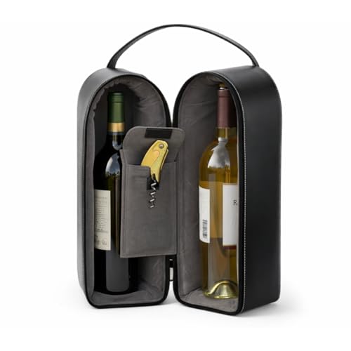 Bey-Berk Genuine Leather Two-Bottle Wine Caddy with Bar Tool (Black), Zippered Travel Case with Strap Handle for Wine Transport and Gifting - color: Black