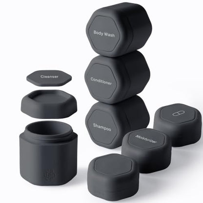 Cadence Travel Containers - Daily Routine Capsule Set - Magnetic Containers with Lids,4 Flex Mediums (1.32oz) & 3 Flex Smalls (0.56oz) - Shampoo, Conditioner, Body Wash, Pills, & More - Charcoal - color: Charcoal