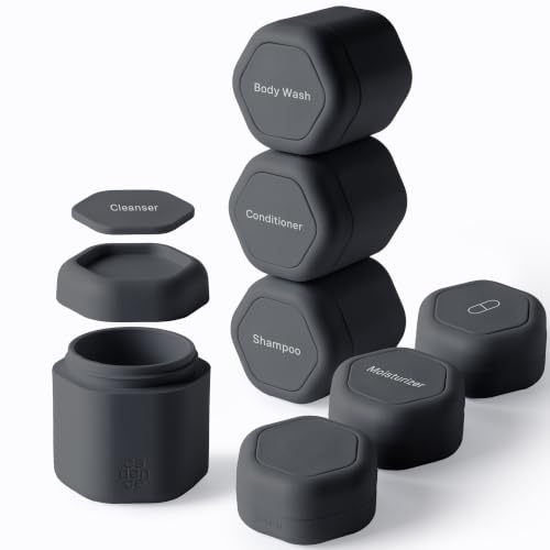 Cadence Travel Containers - Daily Routine Capsule Set - Magnetic Containers with Lids,4 Flex Mediums (1.32oz) & 3 Flex Smalls (0.56oz) - Shampoo, Conditioner, Body Wash, Pills, & More - Charcoal - color: Charcoal