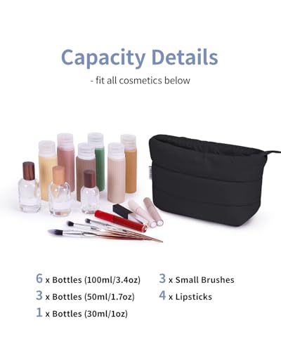 Narwey Black Travel Makeup Bag Women Girl, Cute Makeup Cosmetic Pouch, Puffer Makeup up Organizer Bag, Travel Toiletry Bag (Black) - color: Black