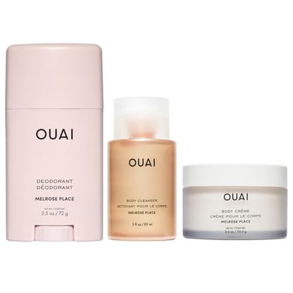 OUAI Melrose Place Travel Essentials - Aluminum Free Deodorant (2.5 oz) + Body Cleanser Travel (3 oz) + Body Cream Travel (3.4 oz) - Hydration, Freshness & Rosy Scented Self-Care Set