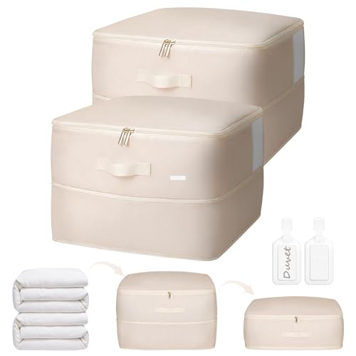 2 Pack Comforter Storage Bag, 68L Blanket Storage Bags Self Compression Comforter Organizer and Storages, Space Saving Washable Compression Bags for Blanket Bedding Pillow Duvet Quilt, Beige - color: Beige, size: 68L x 2