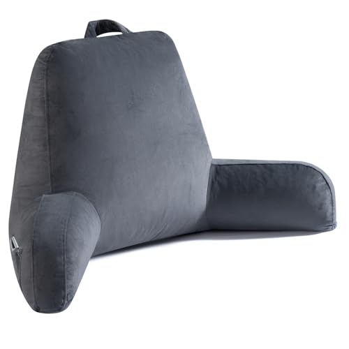 OAISZ Reading Pillow for Sitting in Bed Adult, 19" Reading Pillow with Shredded Memory Foam, Back Pillow for Sitting Up with Extend Arms, Pockets, Bed Pillow with Washable Cover, Grey - color: Grey, size: X-Large