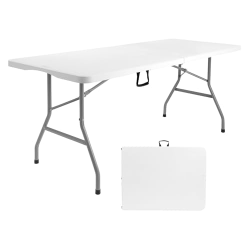 Byliable Folding Table 6ft, Heavy Duty Portable Plastic Fold-in-Half Utility Table with Carrying Handle for Indoor Outdoor, Camping Picnic Party, White - color: White, size: 6FT
