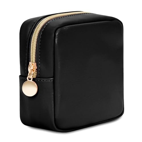 Wandering Nature Small Makeup Bag for Purse Mini Make up Pouch Cute Cosmetic Pouch for Women with Slip-in Pockets Eco Vegan Leather, Black - color: Black