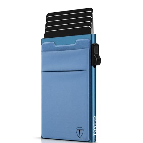TOYFID Slim Wallet for Men - Pop Up Card Holder Wallet,Minimalist Business Wallet,Credit Card Wallet with Money Pocket,Metal Card Case Wallet,RFID Blocking,Can Hold 6 Credit Cards - color: navy blue B