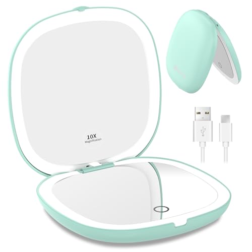 WOBSION Rechargeable Lighted Travel Makeup Mirror,1x/10x Compact Magnifying Mirror with Lights,Portable for Bag,4inch,Gift,Cyan - color: Cyan