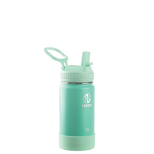 Takeya Actives Kids Water Bottle 14 oz Stainless Steel Double Wall Insulation BPA-Free Leakproof Straw Lid Easy Carry Handle Reusable Ideal for Boys and Girls, School, Sports - Seafoam - color: Seafoam, size: 14 Ounces