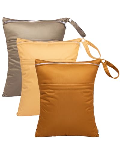 babygoal Wet Dry Bags for Baby Cloth Diapers, Washable Travel Bags, Beach, Pool, Gym Bag for Swimsuits & Wet Clothes with Two Zippered Pockets 3 Pack, 3LN20 - color: Light brown & sugar brown