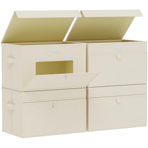 Convenient Storage Bins for Taking Clothes, Fabric Boxes with Flip Cover, Collapsible Organizer with Handles, Cube Baskets for Home, Bedroom, Closet, 15x9.8x9.8in, Beige, 4 Pack - color: Beige, size: 15x9.8x9.8 in(4 Pack)
