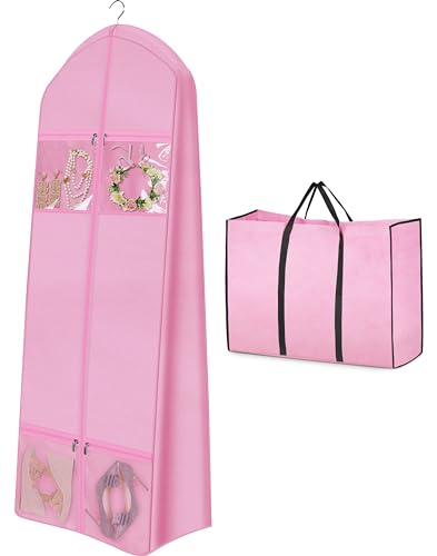 MISSLO 70" Wedding Dress Garment Bag with Bride Tote Bag 8'' Gusseted Wedding Dress Bags for Gowns Long 4 Pockets Dress Cover for Women, Pink - color: Pink, size: 70 inch