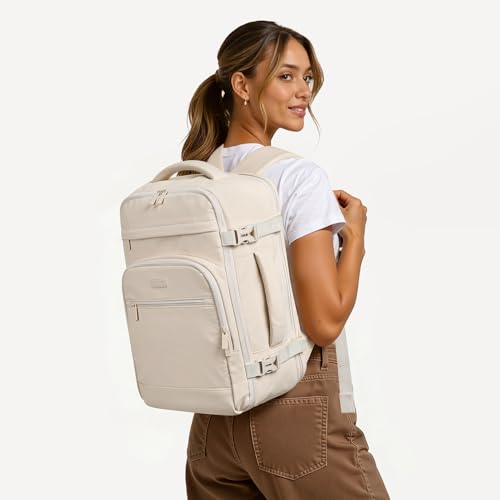 mibasies 30L Travel Backpack for Women & Men: Flight Approved Carry On Backpack, TSA Personal Item Bag with Water Bottle Pocket, Weekender Essentials Backpacks fits 15.6" Laptop - Beige - color: Beige, size: Large