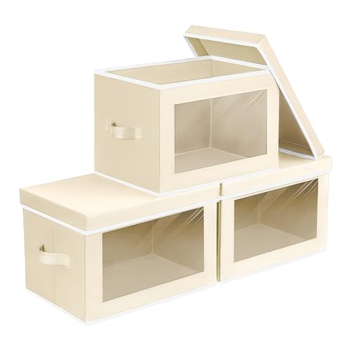 Homsorout Storage Bins with Lids - Small Fabric Organizers with Window, Collapsible Storage Bins for Clothes, Decorative Closet Organizers for Towels, Tshirt, 3 Pack, Beige - color: Beige, size: S(3-Pack)