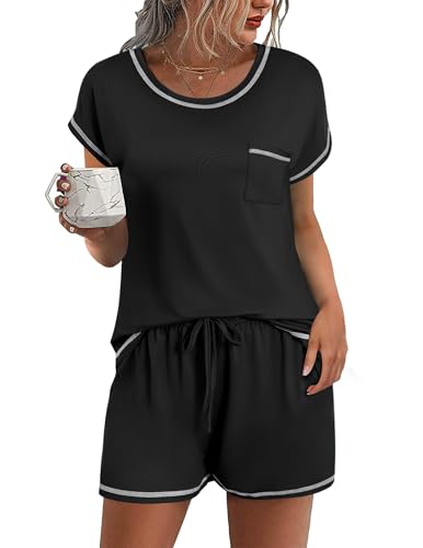 Ekouaer Womens Pajama Sets 2 Piece Soft Short Sleeve Top and Shorts Sleepwear Round Neck Pjs Lounge Set with Pockets - color: Black, size: Large