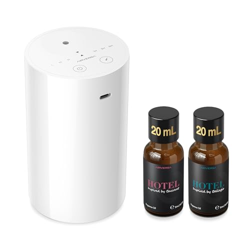 Airversa Waterless Essential Oil Diffuser Starter Kit with 2x20mL Hotel Fragrance Oils, Cordless Nebulizer for Car Home Office, Up to 600 sq ft, Mist/Timer Settings, Baterry Operated, AN8Kit-B, White - color: A1 White2