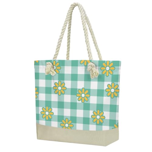 Fokongna Tote Bag For Women, Beach Bag Best Friend Travel Birthday Gifts, Travel Parties Vacation Shopping Essentials - color: Daisy Green Gingham