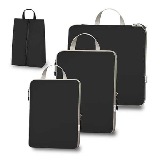 Compression Packing Cubes for Travel, Set of 4 Expandable Luggage Organizers with Shoe Bag, Lightweight Water-Resistant Suitcase Essentials for Carry-on & Checked Luggage, Black - color: Black, size: Set of 4