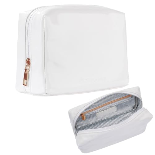 Stay Golden Insulated Waterproof Makeup Bag for Women Heat-Resistant Travel Cosmetic & Toiletry Bag | Luxurious Vegan Leather Portable Makeup Organizer (White with Gold Zipper, Small) - color: White with Gold Zipper, size: Small