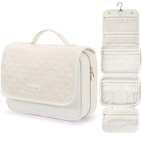 PACKISM Hanging Travel Toiletry Bag for Women - Quilted Plaid PU Leather Travel Makeup Bag with Detachable Bag, Waterproof Cosmetic Bag for Full-Sized Toiletries Fit Bathroom Cruise, Off-white (M) - color: Off-white, size: Medium