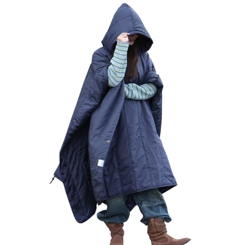 DUKUSEEK Outdoor Wearable Camping Blanket with Hood, Large Packable Backpacking Hooded Stadium Blankets, Lightweight Warm Quilt for Picnic, Hiking, Football, 79"X56" - color: Navy Blue - Wearable Camping Blanket