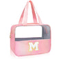 Personalized Initial Clear Makeup Organizer Large 9.13x3.54x6.89 Letter M Pink with Golden Chenille - Waterproof PU Leather Travel Cosmetic Case for Women Teen Girls - color: Pink, style: M