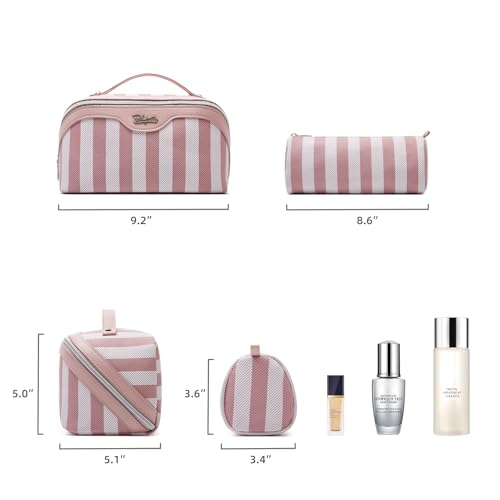 BOYATU Travel Makeup Bag Cosmetic Bag for Women: 3 Pcs Set Striped Make up Bag with Compartments - Waterproof Vegan Leather Toiletry Bags with Handle - Makeup Organizer for Travel Essentials(A-3-Pink) - color: A-3-Pink