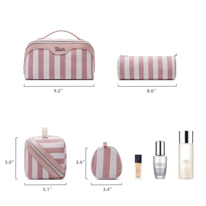 BOYATU Travel Makeup Bag Cosmetic Bag for Women: 3 Pcs Set Striped Make up Bag with Compartments - Waterproof Vegan Leather Toiletry Bags with Handle - Makeup Organizer for Travel Essentials(A-3-Pink) - color: A-3-Pink