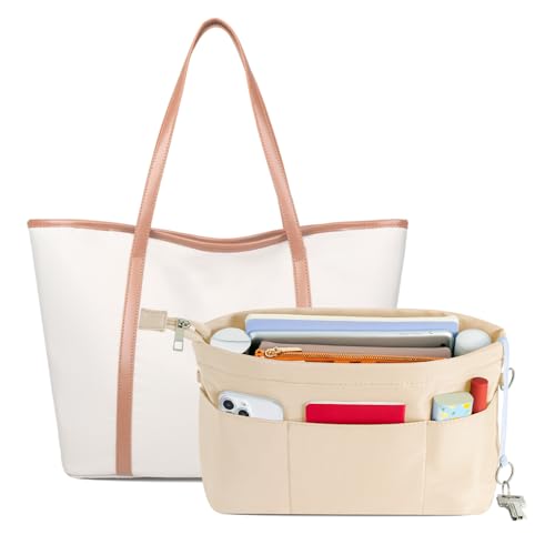 HyFanStr Purse Organizer Insert with Zipped Top for Tote Bag, Handbag Shaper with 13 Pockets - color: Beige, size: S-12.6*10*6.4*3.5in