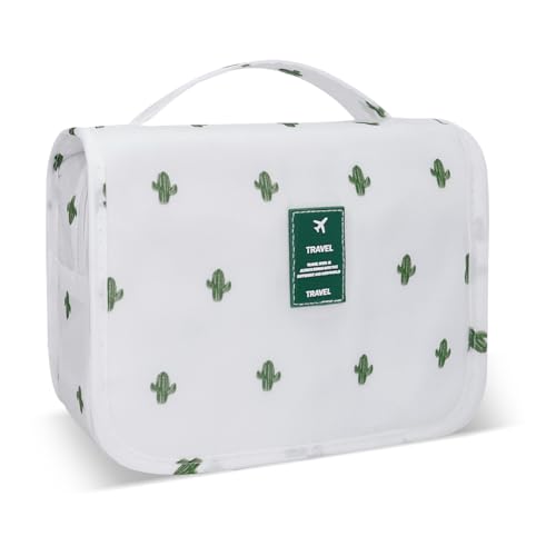 Lcsmaokin Large Capacity Toiletry Bag Travel Bag with Hanging Hook for Men and Women Waterproof Travel Cosmetic Bag Bathroom Storage Bag for Brushes Set, Full-Sized Shampoo,Accessories(White Cactus) - color: B-White Cactus