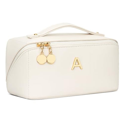 Initial Makeup Bag Gifts for Women Bridesmaid Gifts Travel Toiletry Personalized PU Leather Waterproof Cosmetic Bag (Medium-Beige-A) - color: MediumBeige, style: A