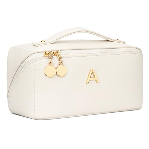 Initial Makeup Bag Gifts for Women Bridesmaid Gifts Travel Toiletry Personalized PU Leather Waterproof Cosmetic Bag (Medium-Beige-A) - color: MediumBeige, style: A