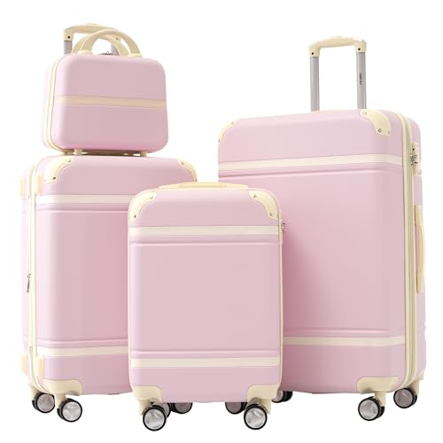 Merax Luggage Set 3 Piece Suitcase Set with Cosmetic Case Expandable Spinner Wheels Vintage Luggage Sets(Light Pink,20"+24"+28") - color: Light Pink, size: 4 Piece-20+24+28+case