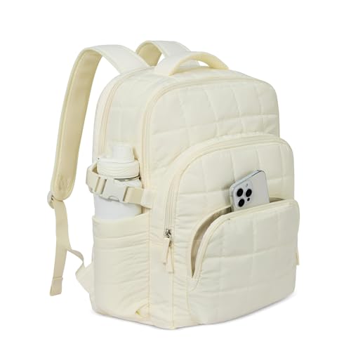 CLUCI Wrinkle-Resistant Laptop Backpack for Women, 17.3 Inch Anti Theft Travel Backpack, Puffer Quilted Work Backpack, Water Resistant College Bookbag with RFID - color: Wrinkle-resistant Fabric White