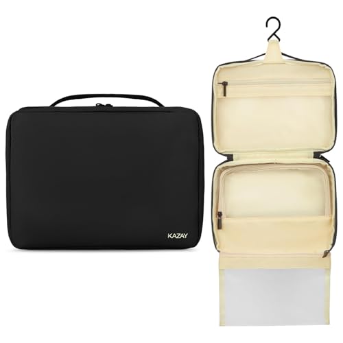 KAZAY Hanging Toiletry Bag with TSA Approved Detachable Pouch, Compact Travel Size Bag, Travel Toiletry Bag, Water Resistant, Premium Nylon, Travel Size Toiletries, Cosmetic Bag Makeup Bag (Black) - color: Black