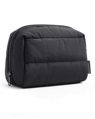 BAGSMART Puffy Makeup Bag, Wide Opening Cosmetic Organizer, Soft Water-Resistant Travel Toiletry Pouch for Women for Purse, Compact & Spacious - color: 02-Black