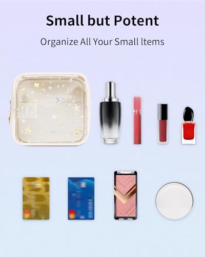 Wandering Nature Clear Makeup Bag for Purse, Mini Make up Bag with Glitter Star Pattern, Cute Cosmetic Pouch for Women with Slip-in Pockets, Travel Toiletry Essentials Vegan Leather Organizer Pouch - color: Beige Star