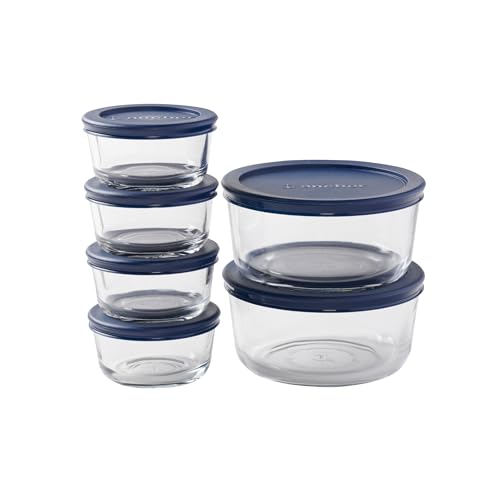 Anchor Hocking 12 Piece Glass Storage Containers with Lids (6 Glass Food Storage Containers & 6 Navy Blue SnugFit Lids) - color: Navy Blue, size: 12 Piece Set