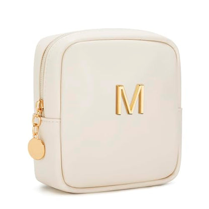 Personalized Birthday Gifts for Women - Initial Makeup Bag Set Travel Toiletry Bag Cosmetic Bags Soft Waterproof PU Leather Makeup Pouch Travel Essentials (M, 1pc Beige) - size: 1pc Beige, style: M