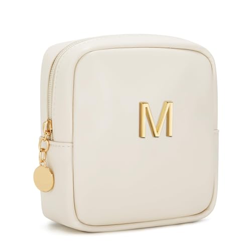 Personalized Birthday Gifts for Women - Initial Makeup Bag Set Travel Toiletry Bag Cosmetic Bags Soft Waterproof PU Leather Makeup Pouch Travel Essentials (M, 1pc Beige) - size: 1pc Beige, style: M