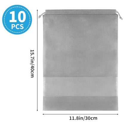 Large Gray Travel Shoe Bags - 10 Pcs with Clear Window, Non-Woven Drawstring, 12.6" X 17.3" for Men Women - color: Grey, style: 10 Pack