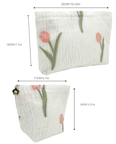 2-Pack Tulip Print Makeup Bag Set - White Fabric Cosmetic Organizer Pouches (1 Large + 1 Small) for Daily & Travel Use - color: B05-tulip