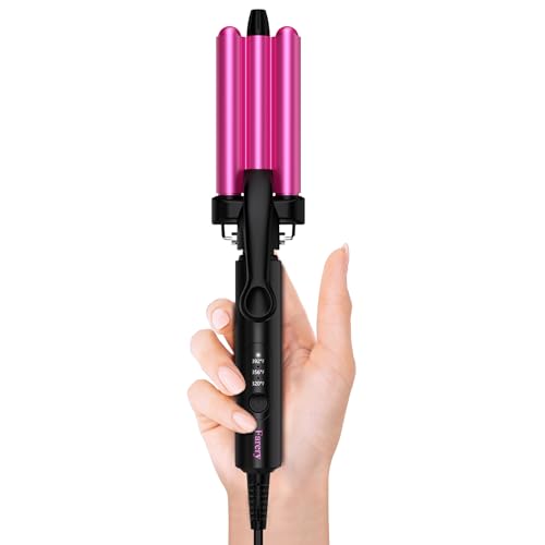 Farery Mini 3 Barrel Hair Waver - Portable Beach Wave Curling Iron for Short Hair, 1/2 Inch Ceramic Crimper with 3 Temp Settings & 30s Fast Heating, Dual Voltage Travel Hair Waver for Women, Pouch Bag - style: Digital temp(Hot pink)