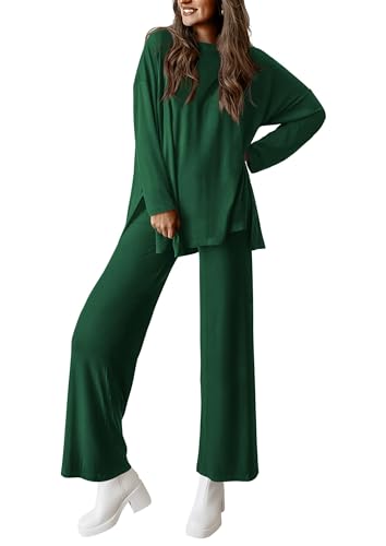 PRETTYGARDEN Women's Two Piece Lounge Sets Matching Long Sleeve Shirts Wide Leg Pants Tracksuits Travel Outfits Fall Clothes - color: Dark Green, size: Medium