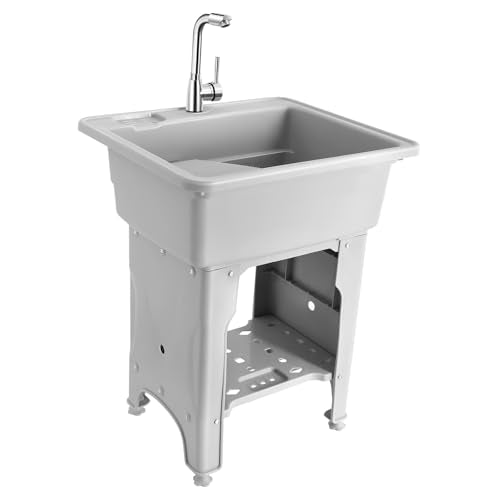 Freestanding Plastic Laundry Sink with Washboard for Hand Washing Clothes, Washing Room Laundry Tub Sink w/Faucet and Drain Kit for Basement Garage Laundry Room (Gray, 21.65"D x 25.59"W x 31.5"H) - color: Gray, size: 21.65"D x 25.59"W x 31.5"H