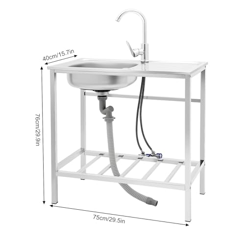 Outdoor Utility Sink,Free Standing Stainless Steel Laundry Tub, Single Bowl Portable Washing Hand Basin Station,with Cleaning Table&Storage Shelves for Garage, Restaurant, Kitchen,Camping, Backyard