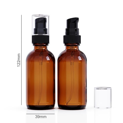 12Pack 60ml Amber Glass Pump Bottle with Black Top,2oz Small Dispenser, Travel Size Refillable Botttles for Lotions,Sercums,Essential Oils - color: 2oz Amber(12pcs)