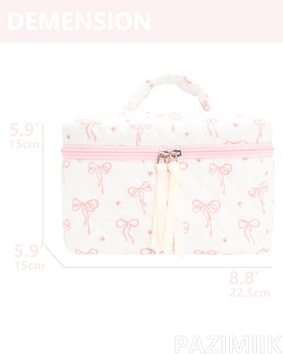 Quilted Makeup Bag Large Travel Zipper Soft Cosmetic Case for Women Girls Make Up,Bow Pink - color: Bow Pink, size: 1 PCS Bag