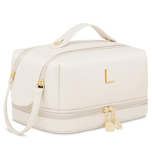 Gifts for Women Birthday Gifts Initial Makeup Bag for Women Personalized Large Capacity Travel Toiletry Bag Cosmetic Bag Gifts for Mom-Graduation Gift for Teens Girls (Beige L) - color: Beige, style: L